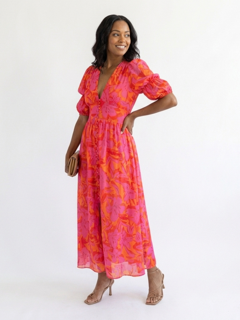 Ellis & Johnson™  | Floral V Neck Puff Sleeve Midi Dress