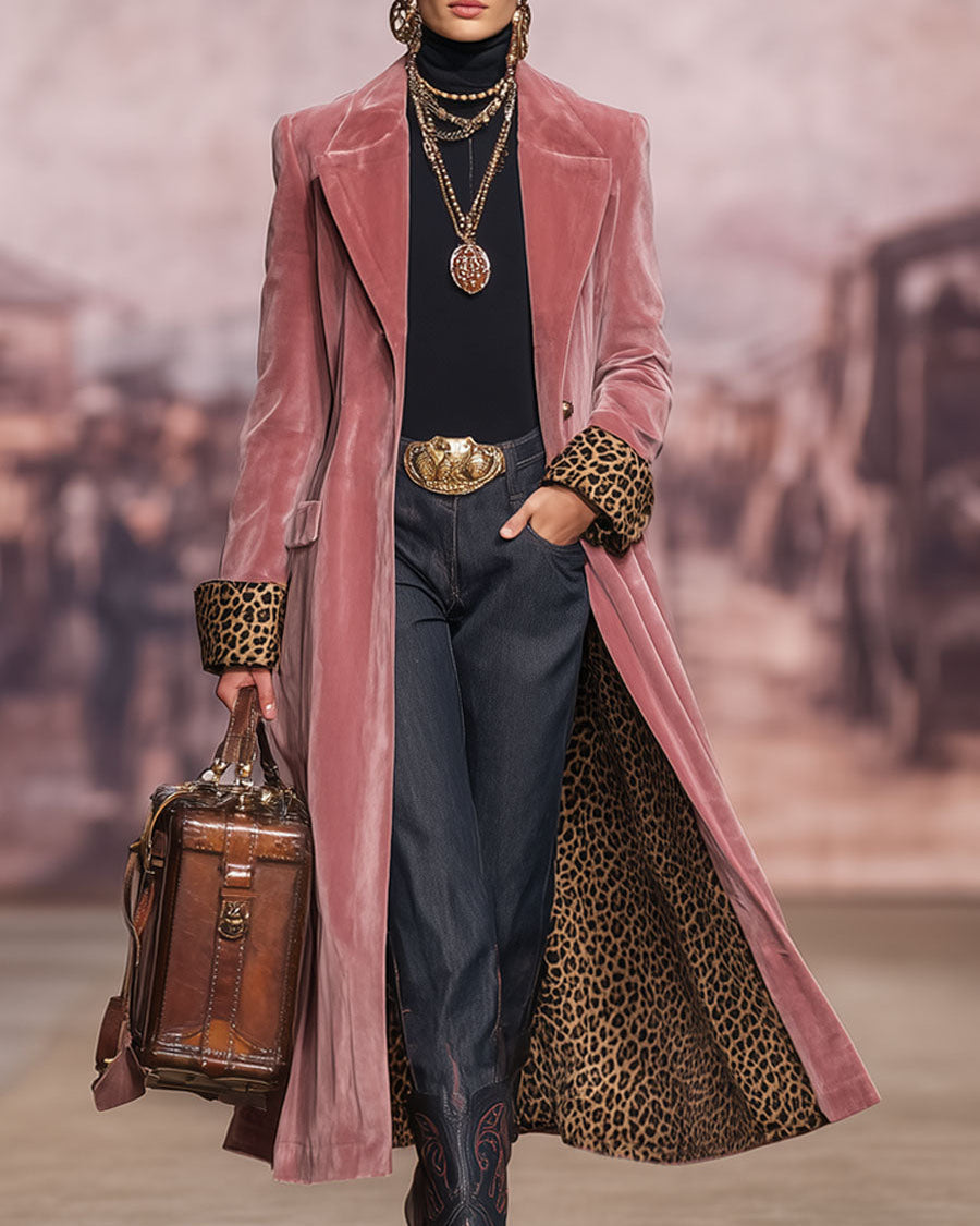 Alejandra | Long Velvet Coat with Leopard Lining