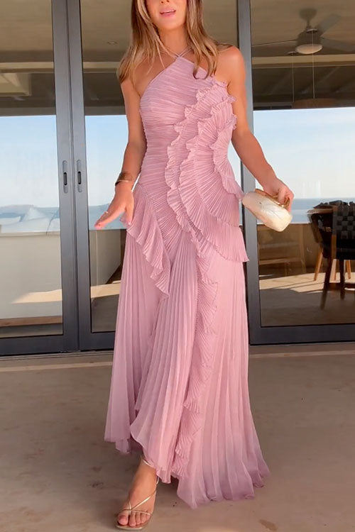 Margovil Strappy Halter Neck Ruffle Trim Asymmetric Hem Pleated Maxi Dress