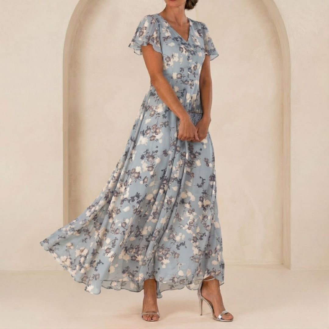 Léonie | Fluid Maxi Dress with Wrap Neckline and Sheer Sleeves