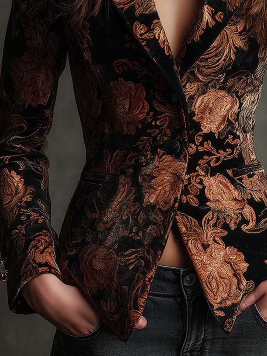 Women's Tailored Blazer with Black and Bronze Floral Print