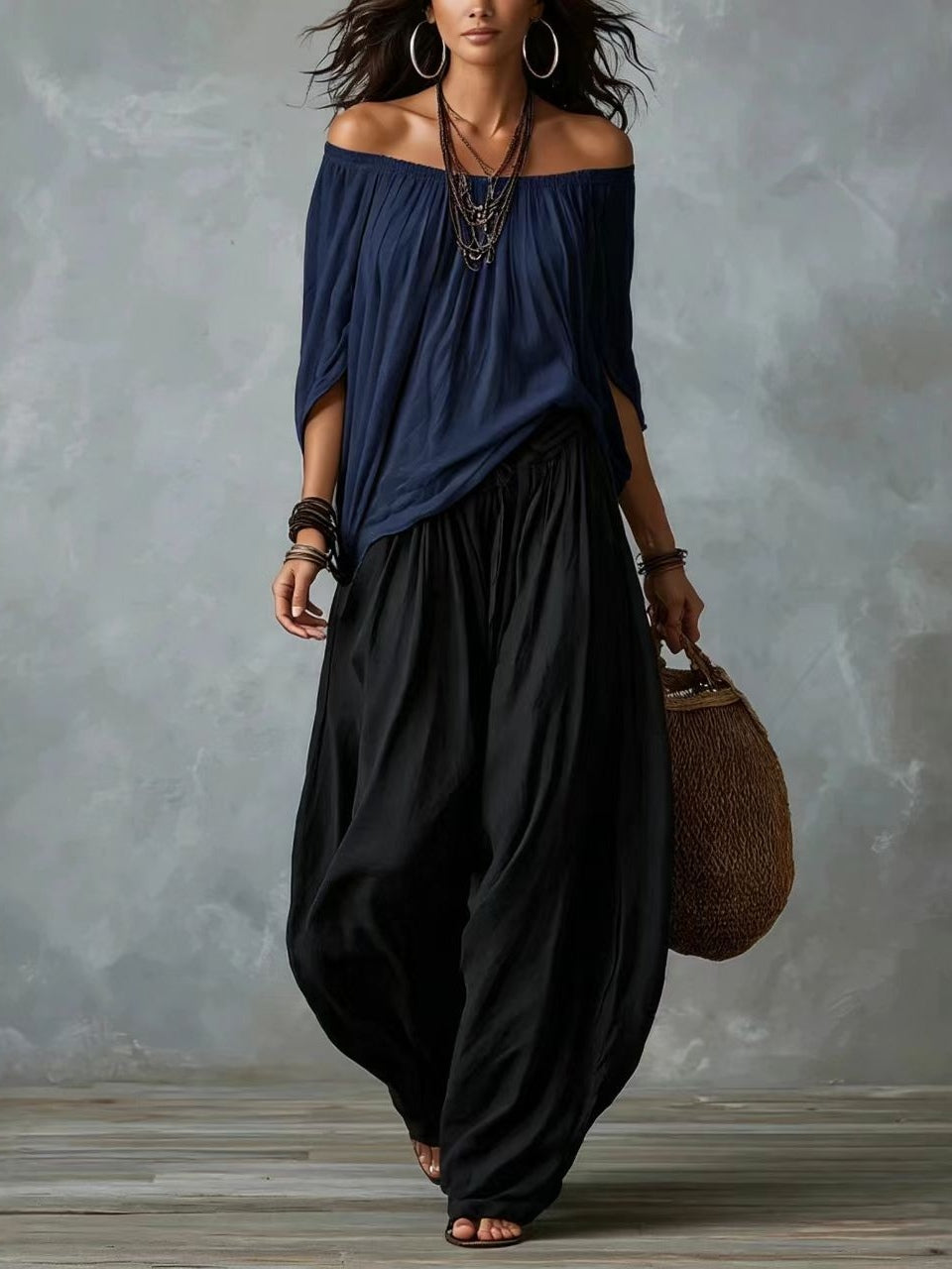 White Off-the-shoulder Top And Loose-fitting Lantern Pants Set