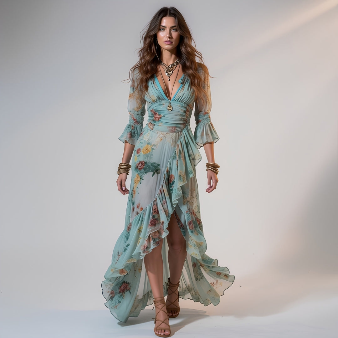 Serena | Floral Chiffon Maxi Dress with Ruffles