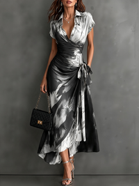 Carlotta | Midi Wrap Dress in Abstract Print, Black and White