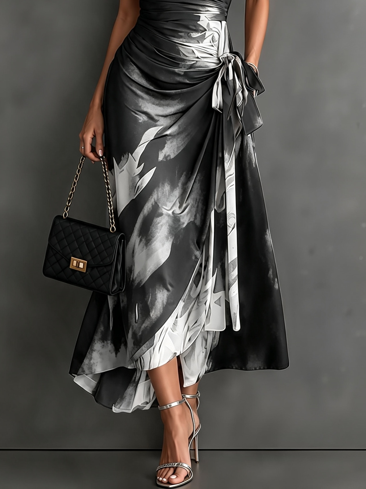 Carlotta | Midi Wrap Dress in Abstract Print, Black and White