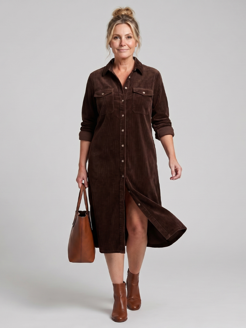 Pema | Long Sleeve Patch Pockets Midi Dress