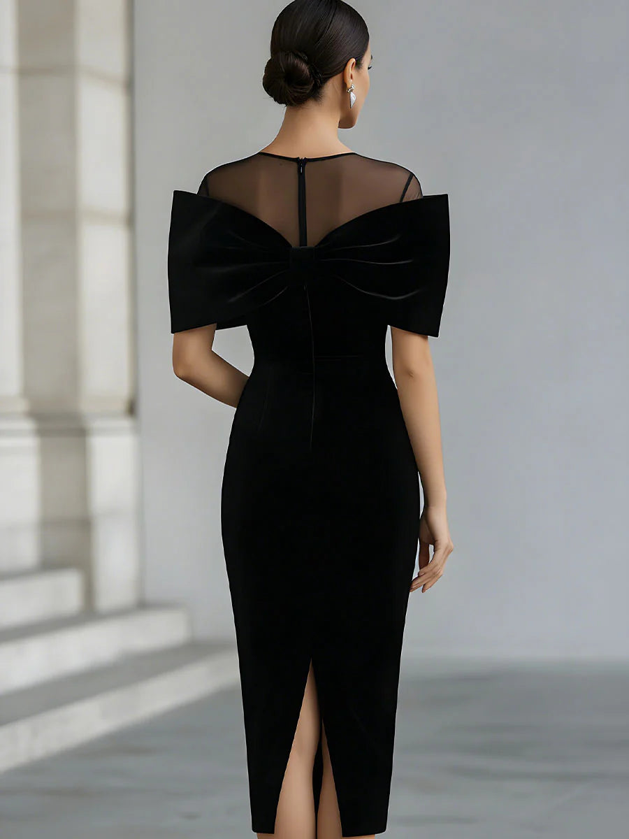 Regina ❘ Black Velvet Midi Dress with Dramatic Bow