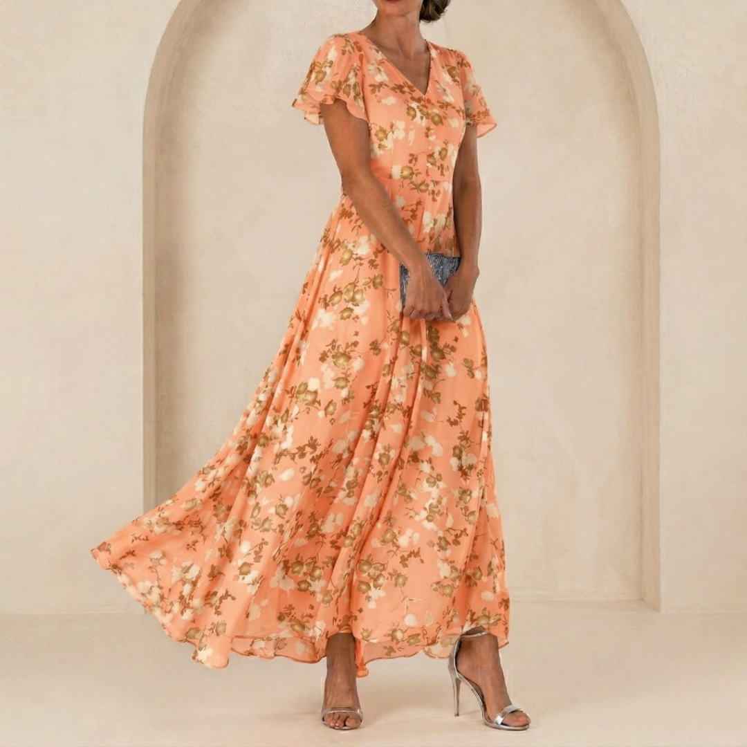 Léonie | Fluid Maxi Dress with Wrap Neckline and Sheer Sleeves