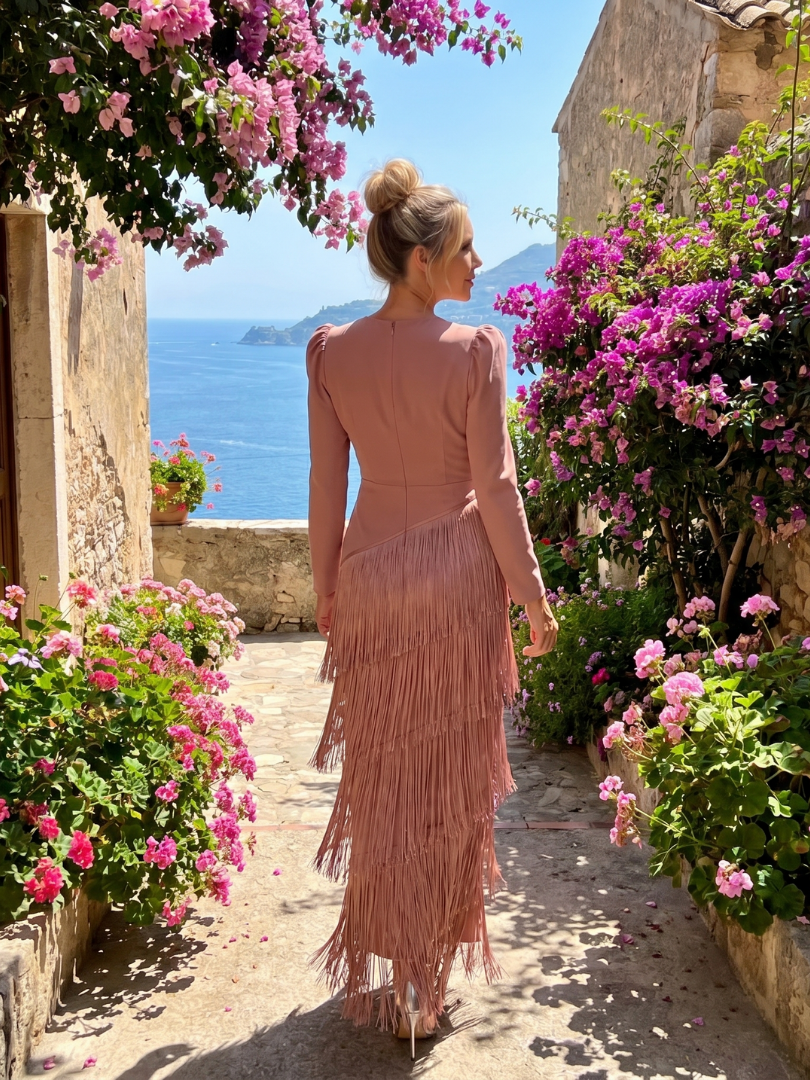 Samara | Long Sleeve Soft Fringe Skirt Midi Dress