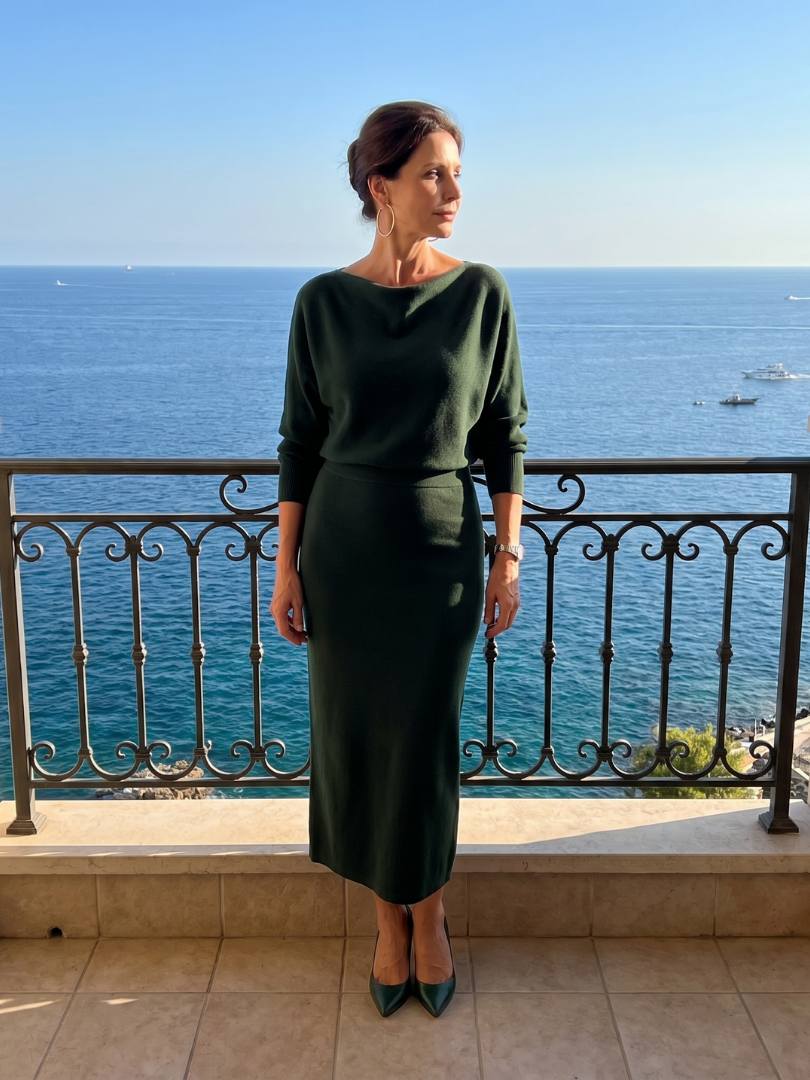Romy | Draped Neckline Fitted Skirt Midi Dress
