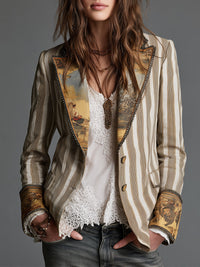 Women's Blazer with Lapels and Bohemian Stripe Print