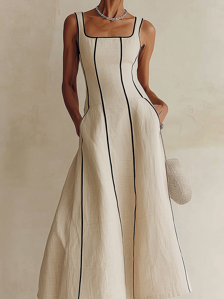 Apricot Minimalist Black Striped A-Line Maxi Dress