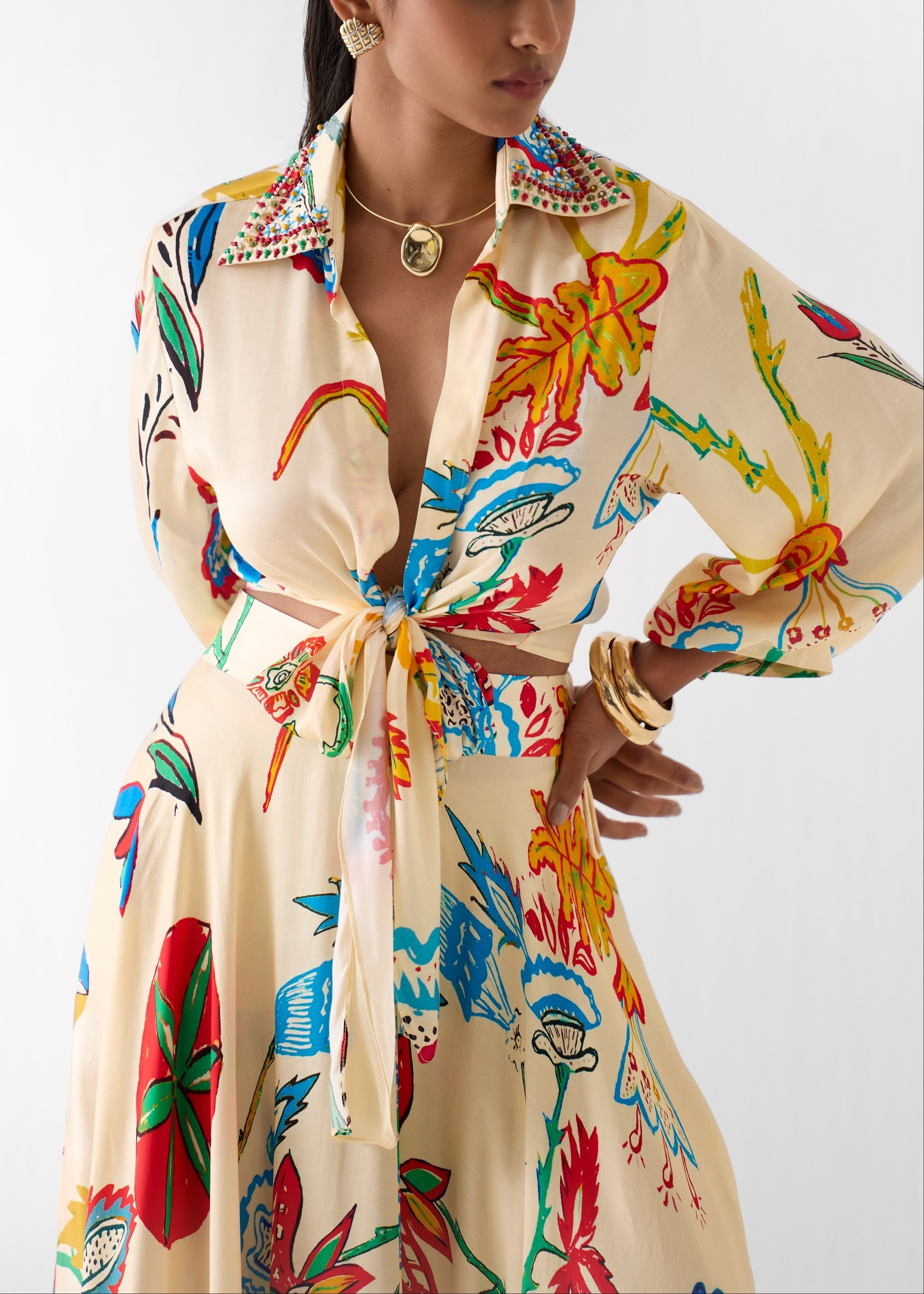 Vacation Tropical Floral Print Waist Tie Shirt & Maxi Skirt Boho Two Piece Set