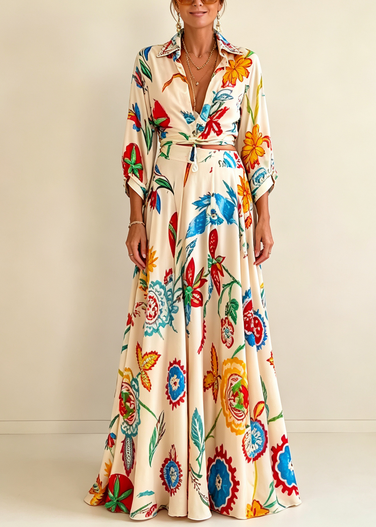 YOLANDA | Floral Tie Shirt and Maxi Skirt Set – Wells & Rose