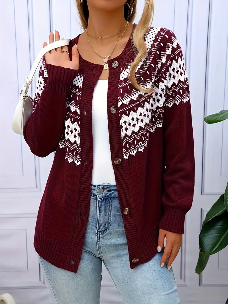 Women's Acrylic Knit Cardigan with Geometric Pattern