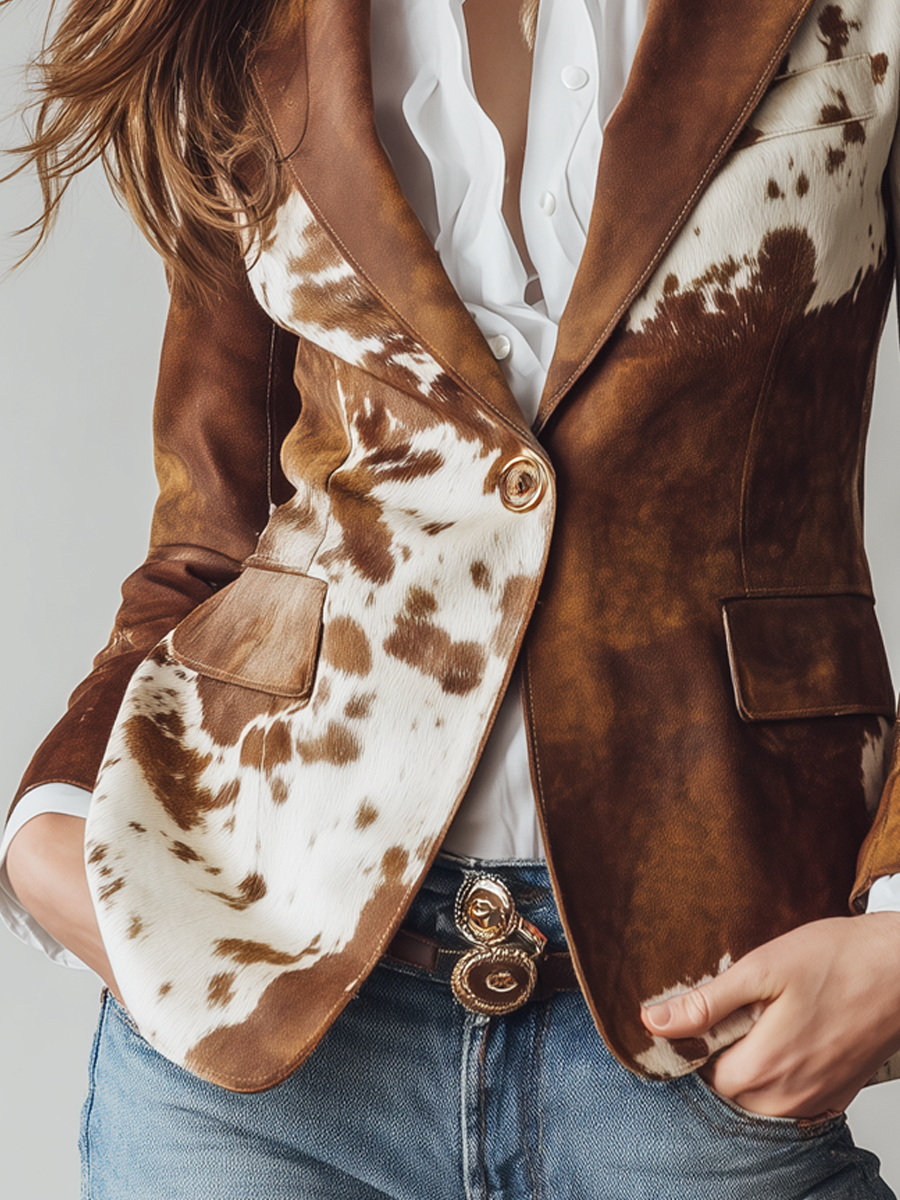 Eco-Friendly Vintage Women's Blazer with Cow Print