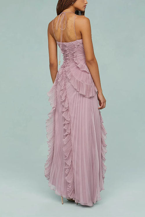 Margovil Strappy Halter Neck Ruffle Trim Asymmetric Hem Pleated Maxi Dress
