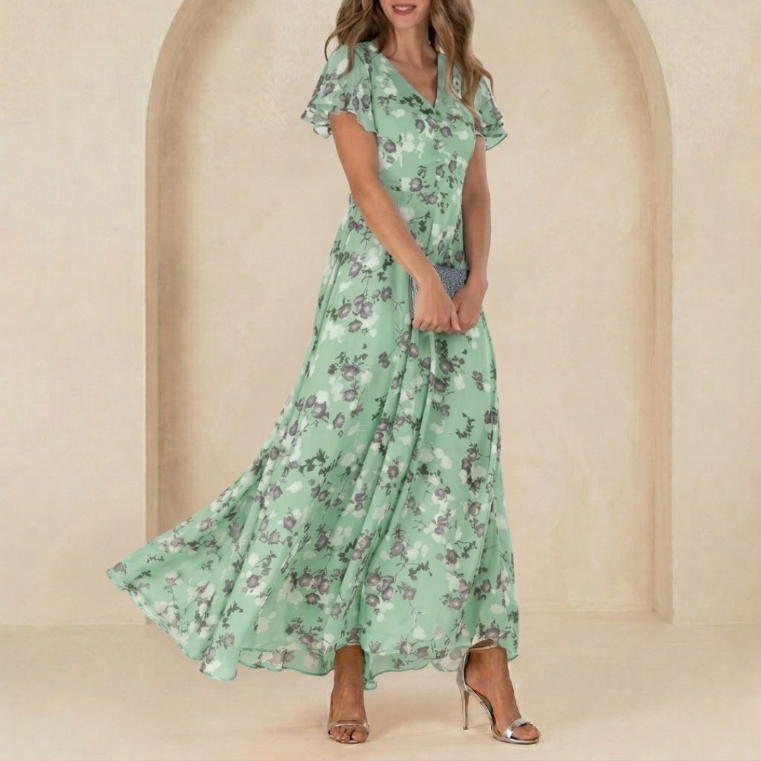 Léonie | Fluid Maxi Dress with Wrap Neckline and Sheer Sleeves