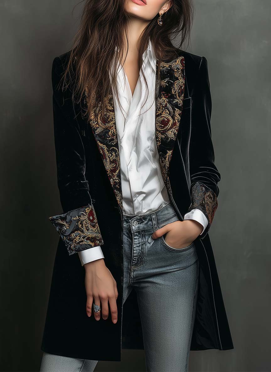 Slim Fit Black Women's Blazer with Lapels and Baroque Print