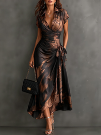 Marguerite | Brown Abstract Wrap Midi Dress