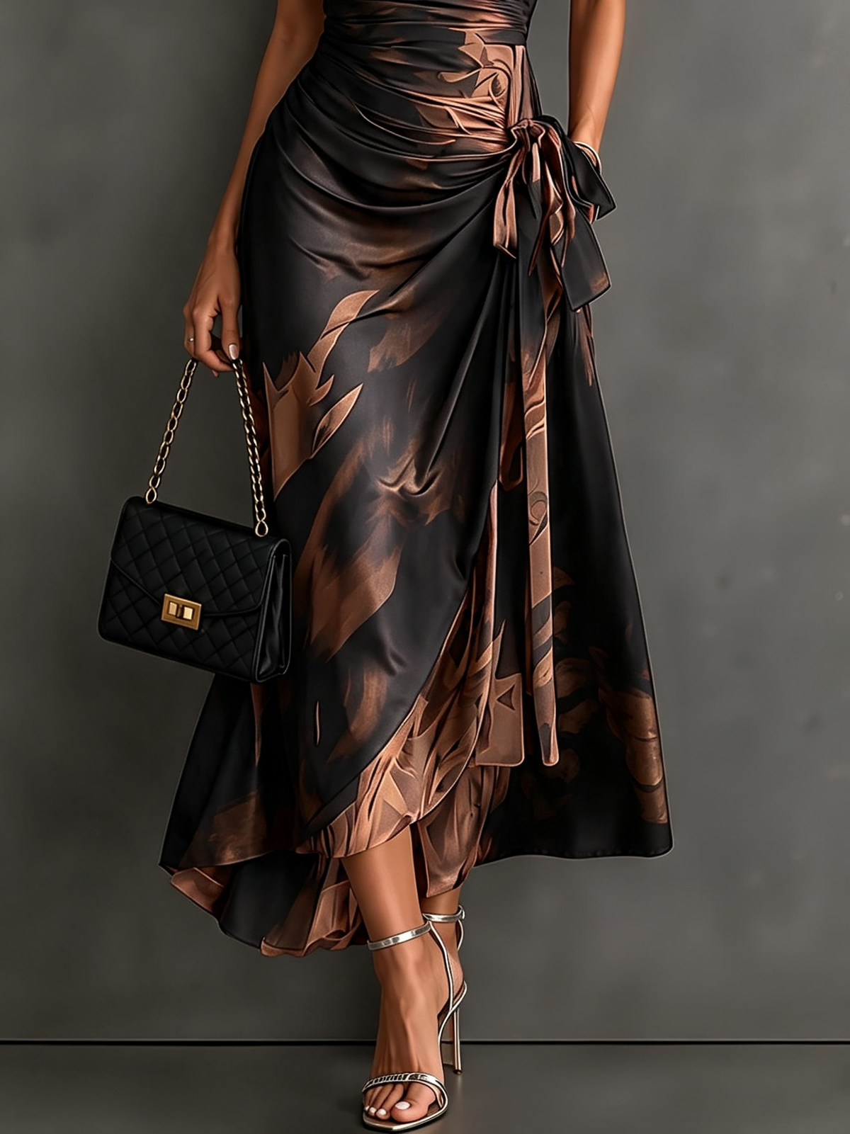 Marguerite | Brown Abstract Wrap Midi Dress – Wells & Rose