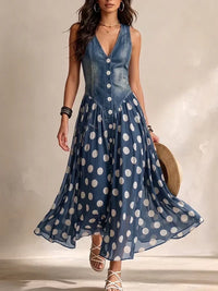 Solène | Denim Dress with Polka Dot Chiffon Skirt
