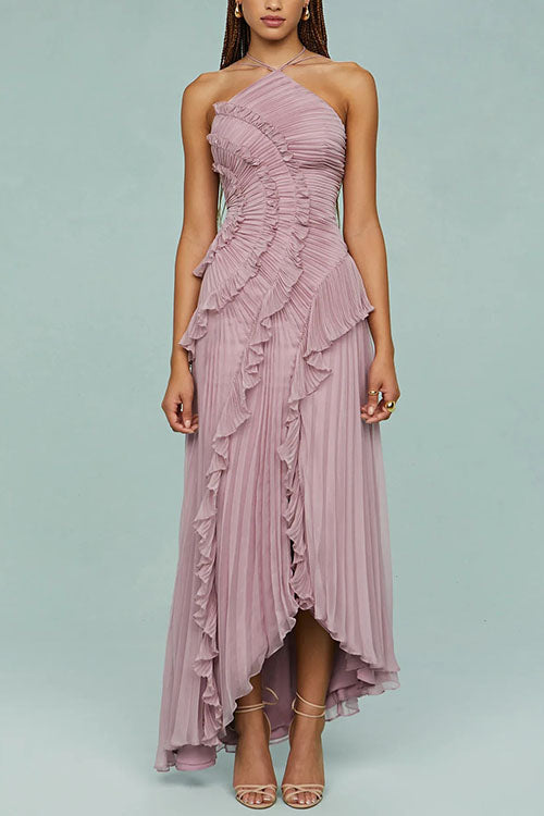Margovil Strappy Halter Neck Ruffle Trim Asymmetric Hem Pleated Maxi Dress