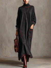 Black Faux Suede Maxi Dress With Red Contrast Stitching And Patch Pockets