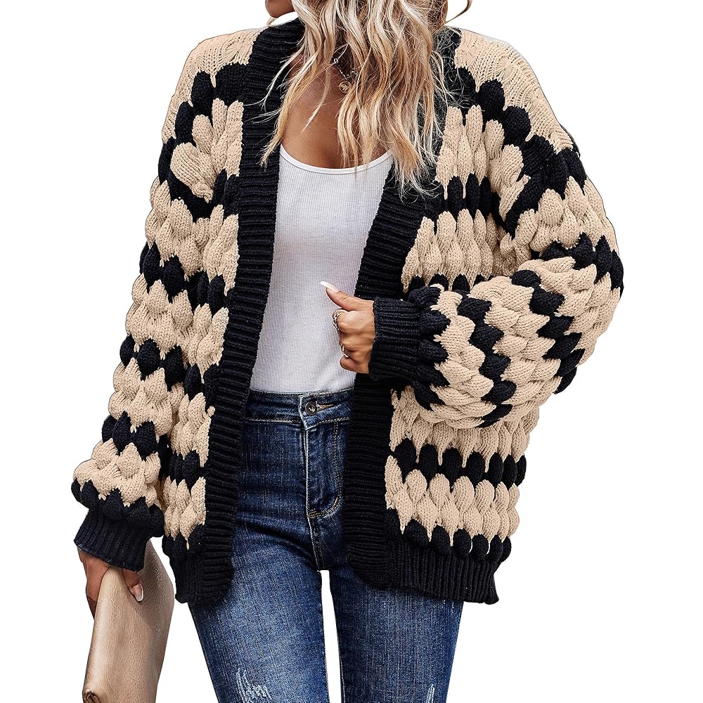 Women's Cardigan with Lantern Sleeves, Open Front, and Striped Colors