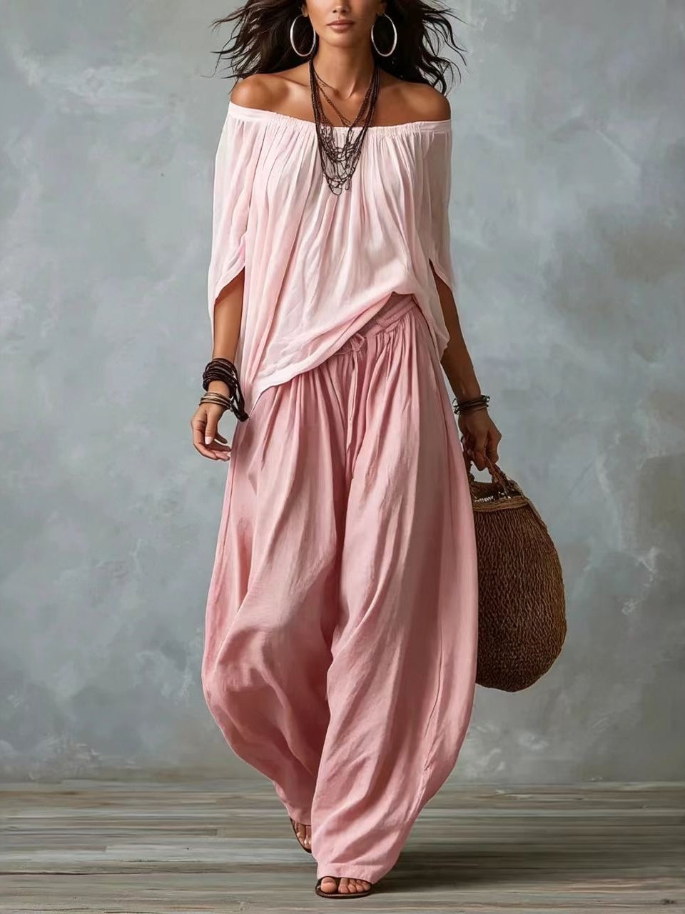 White Off-the-shoulder Top And Loose-fitting Lantern Pants Set