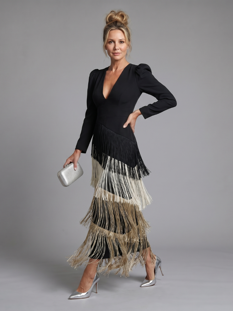 Samara | Long Sleeve Soft Fringe Skirt Midi Dress