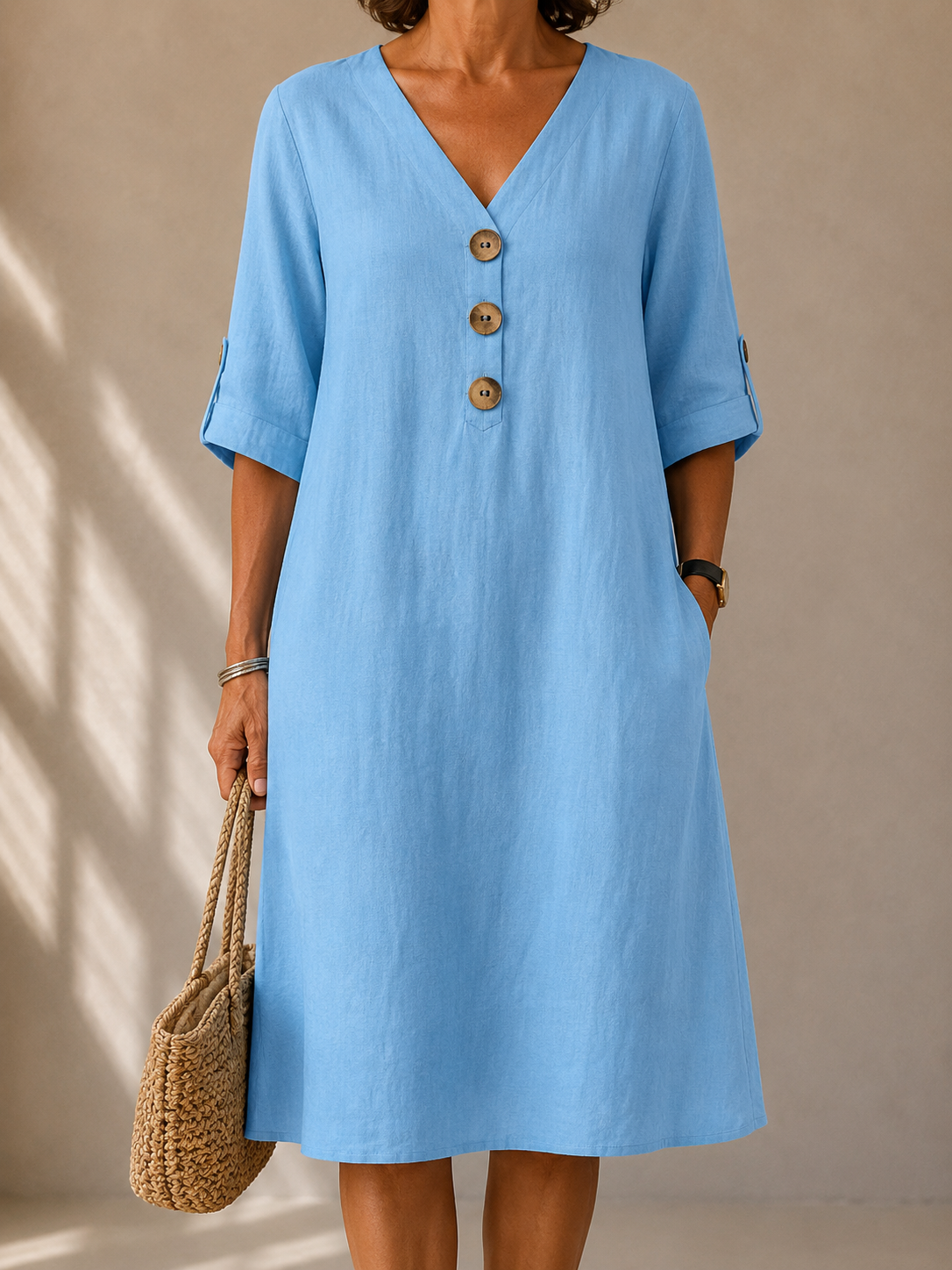 Marisol | Button-Front Midi Dress with Roll-Tab Sleeves