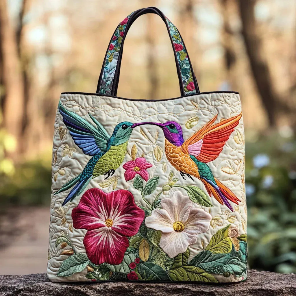 Quilted Tote Bag - Hummingbird and White Flowers