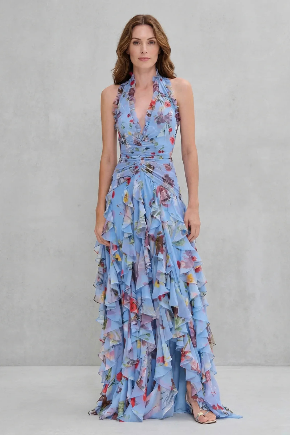 Belladina | Romantic Cascading Rose Long Dress with American Neckline