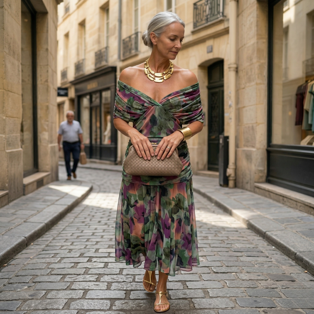 Diane | Maxi Draped Dress with V-Neck and Sheer Sleeves