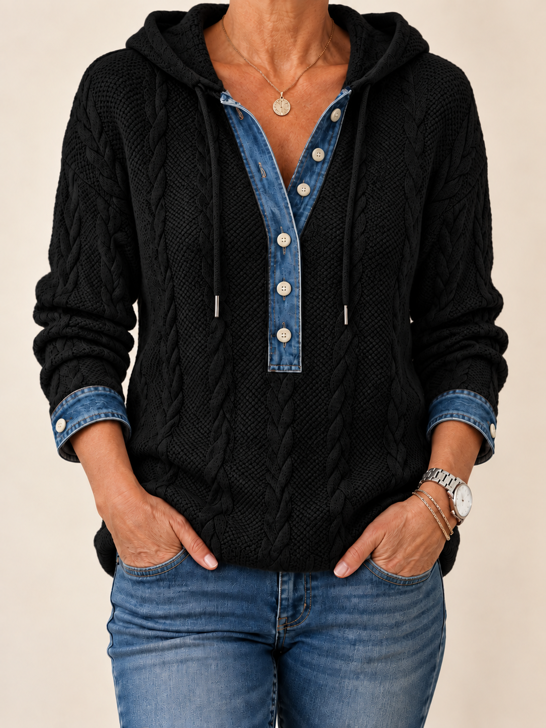 Nadine | Color-Block Button Hoodie – Wells & Rose