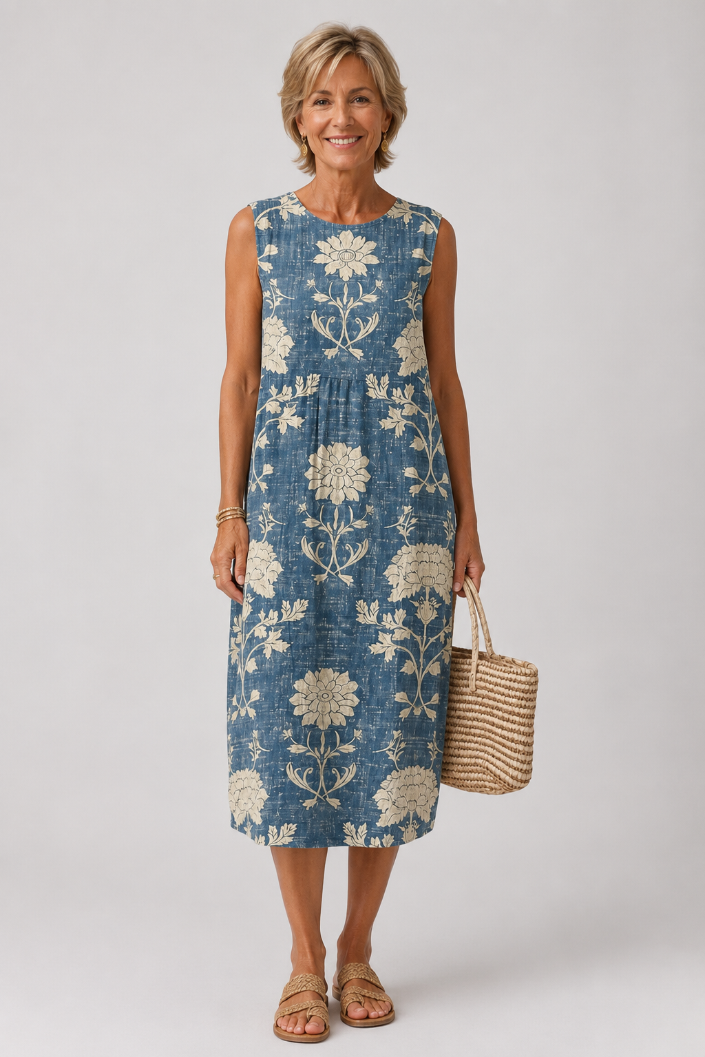 Belle | Floral Boho Dress in Denim Blue