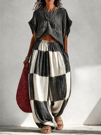 NADINE | Pleated Top and Checkered Pants Set
