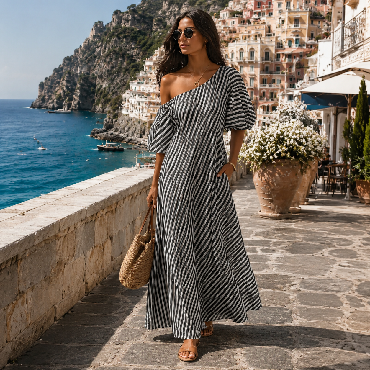Carla | Striped Maxi Dress with Asymmetrical Neckline