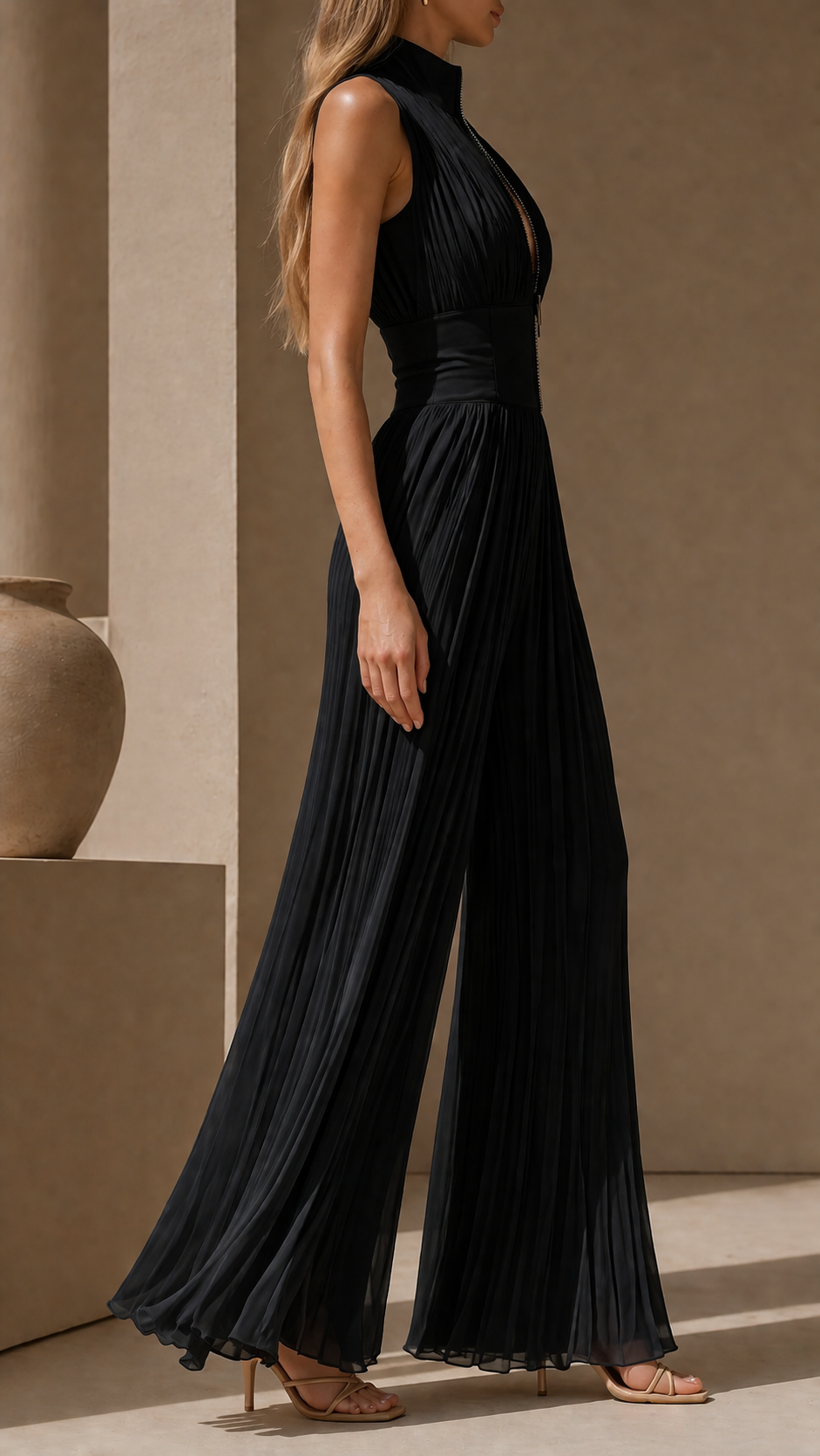 Greta | Pleated Jumpsuit with Deep Neckline