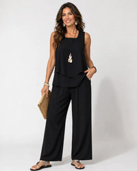 Eloísa™ | Black Layered Top and Wide Leg Pants Set