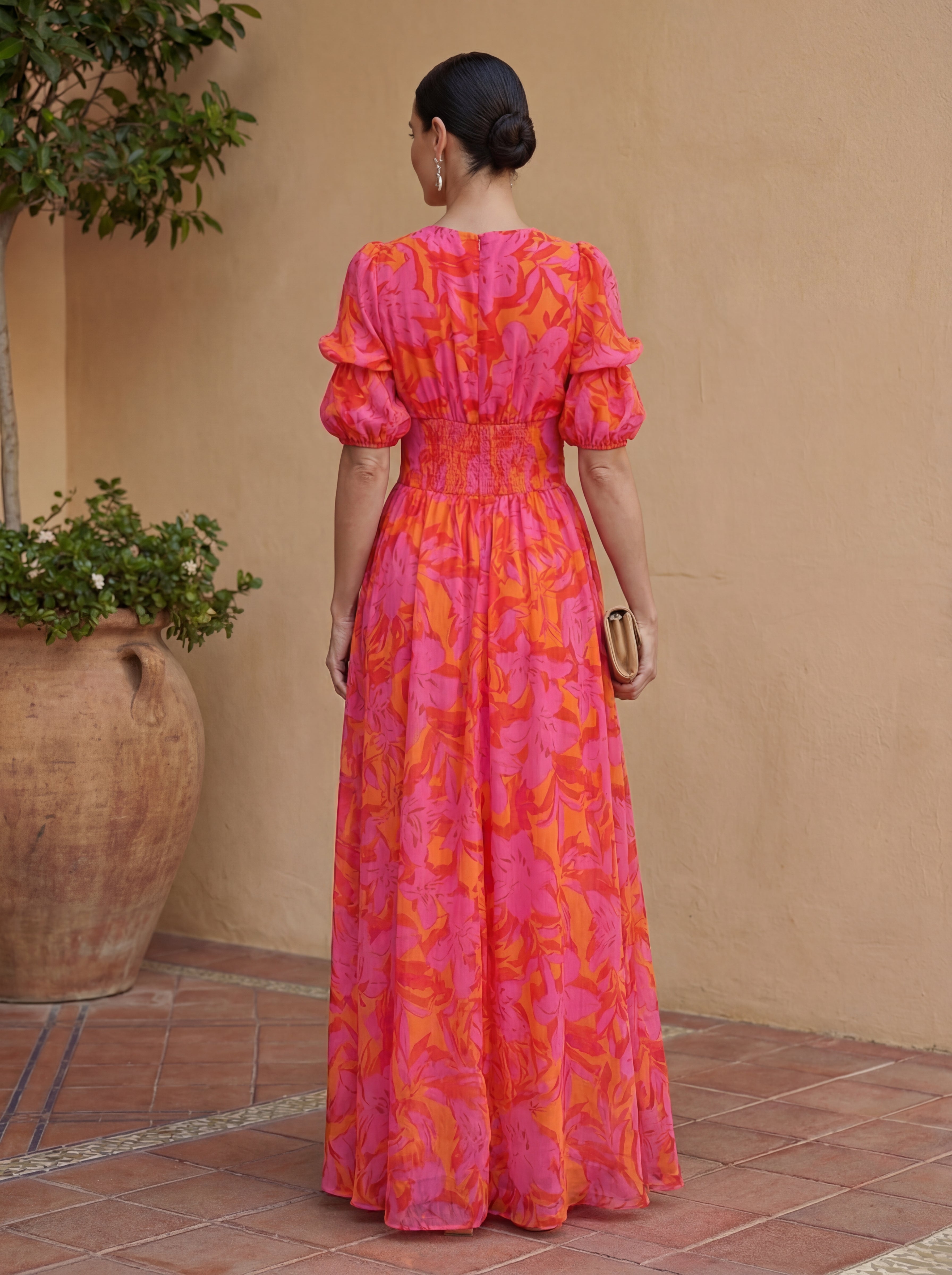 Oliva | Floral Maxi Dress with Balloon Sleeves and V-Neck