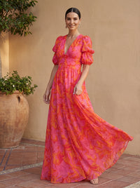 Oliva | Floral Maxi Dress with Balloon Sleeves and V-Neck