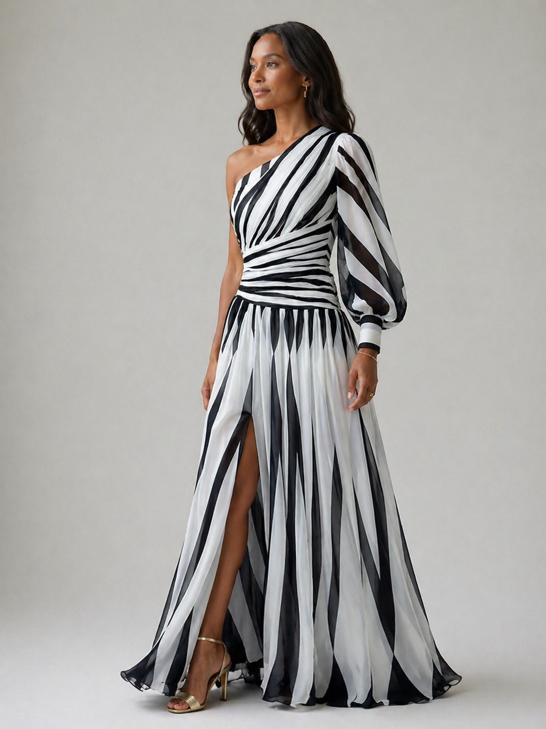 Ellis & Johnson™ | Elegant Striped Maxi Dress with One Shoulder