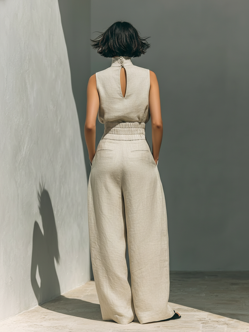 Women's minimalist set with sleeveless blouse and wide-leg pants