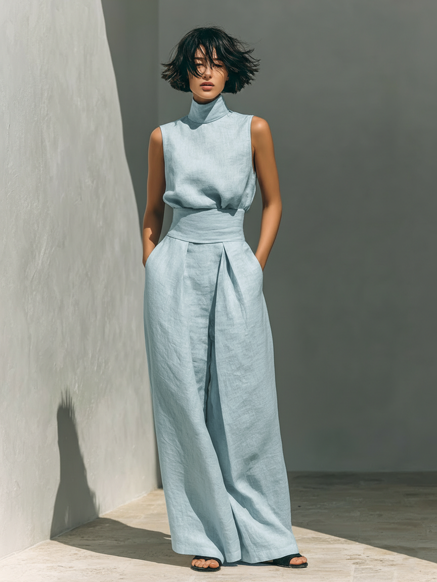 Women's minimalist set with sleeveless blouse and wide-leg pants