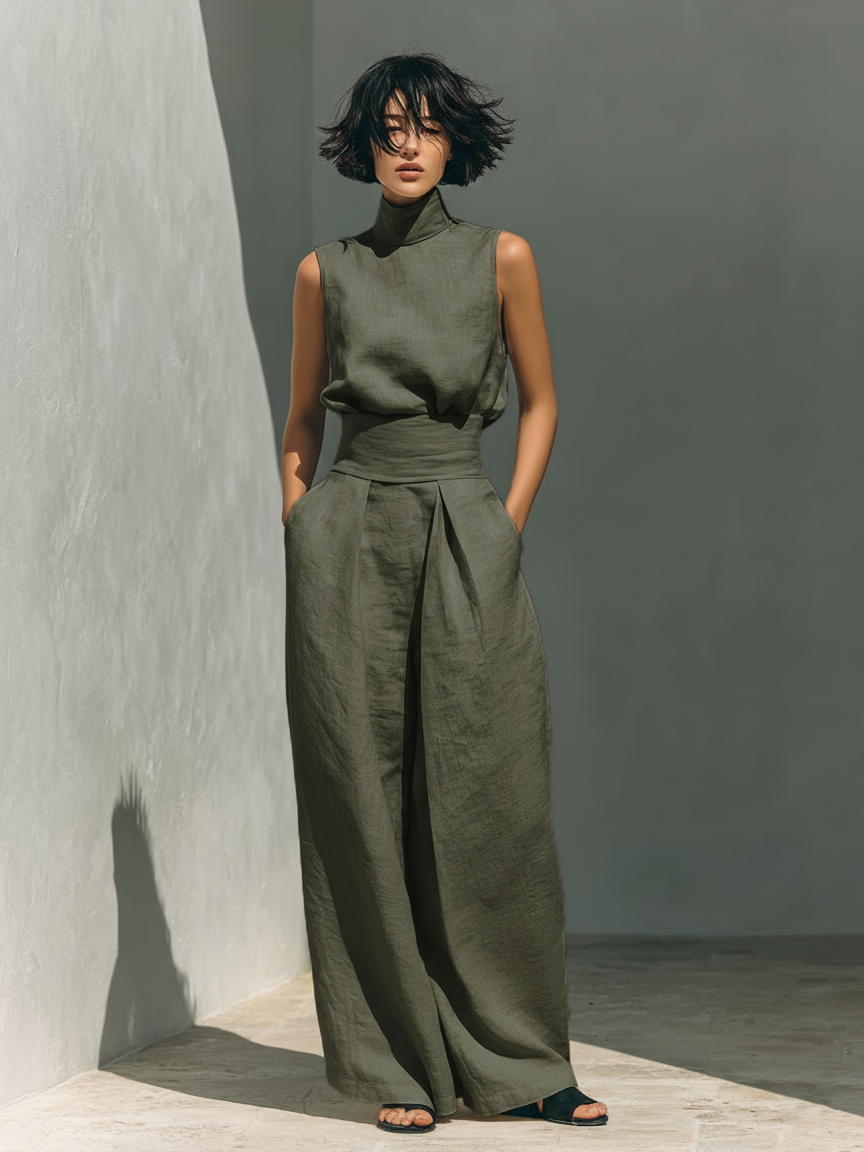 Women's minimalist set with sleeveless blouse and wide-leg pants