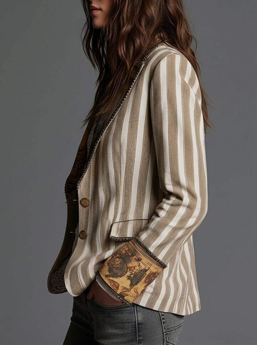 Sara - Striped Bohemian Blazer with Printed Collar
