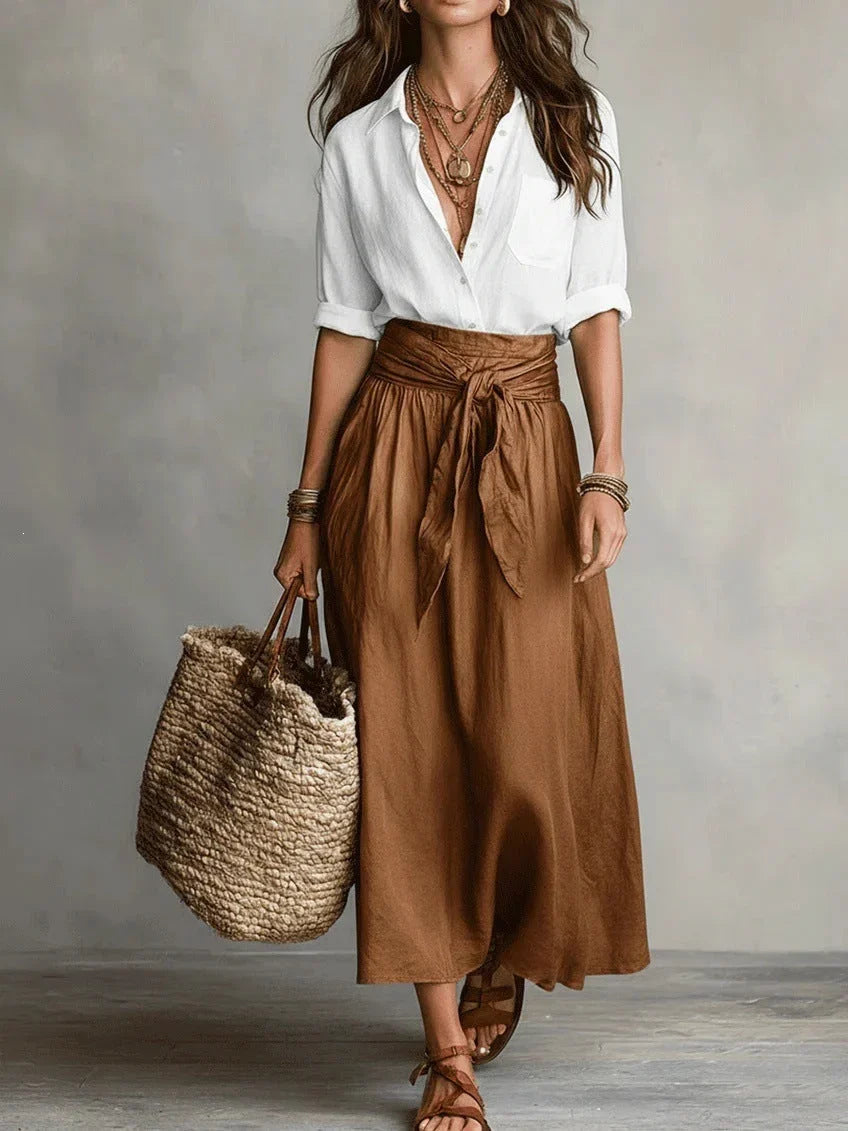 Elegant Two-Piece Set with Black Blouse and Midi Skirt
