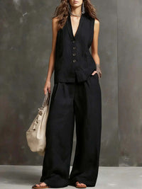 Two-Piece Set  with Sleeveless Vest and Wide-Leg Pants